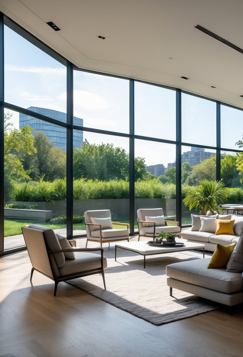 A spacious living room with large floor-to-ceiling windows letting in natural light, furnished with a sofa, coffee table, and armchairs.