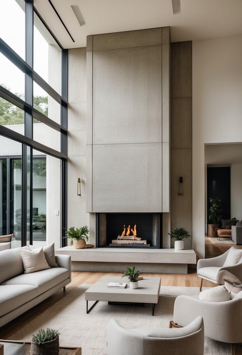 A living room with a concrete fireplace surround, seating, and natural light from large windows.