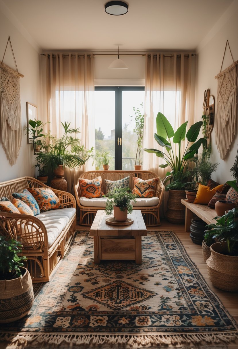 A living room with a sofa, coffee table, indoor plants, wall decorations, and natural light.