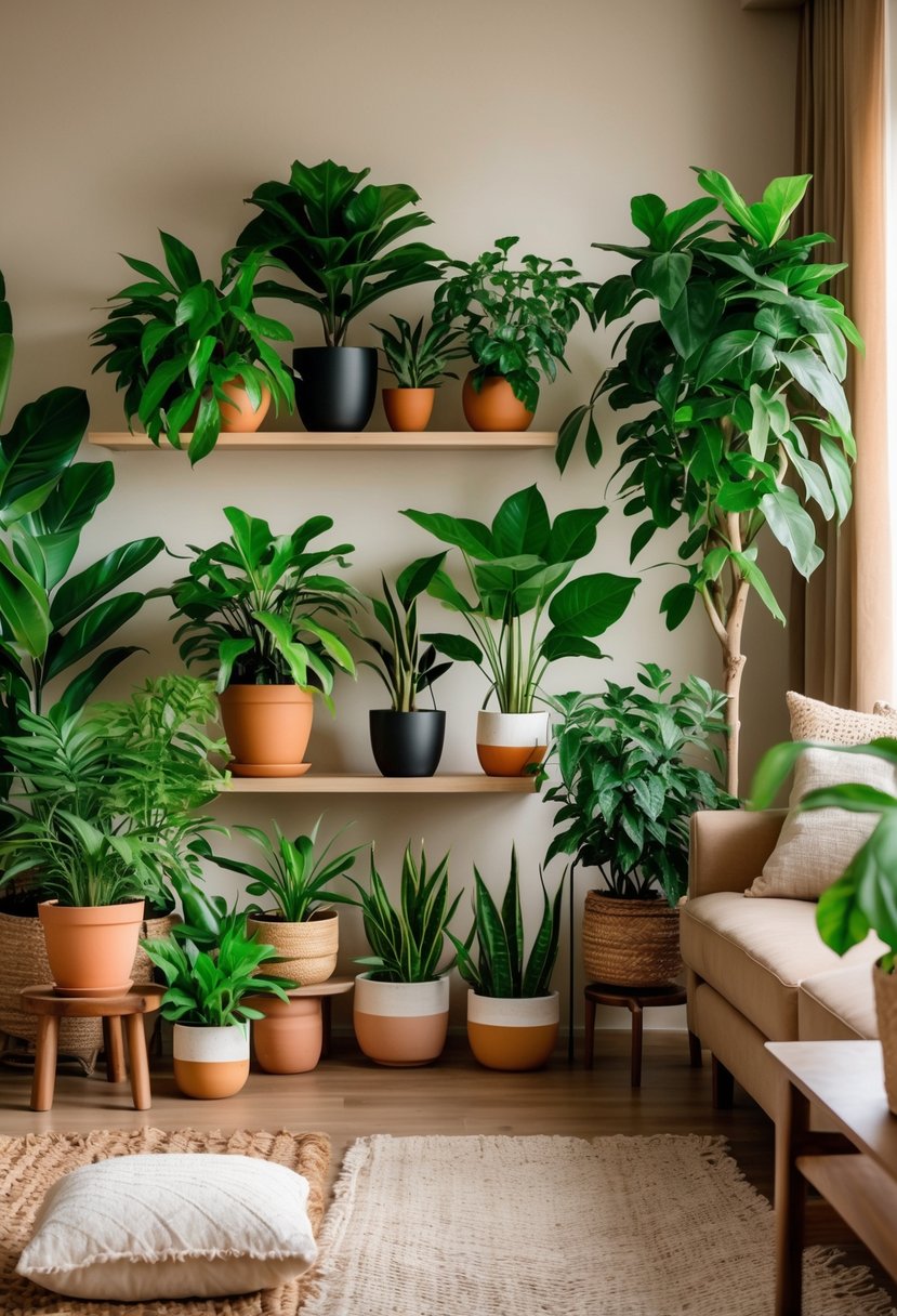 A living room with ten indoor potted plants arranged on shelves, tables, and the floor, surrounded by furniture and natural light.