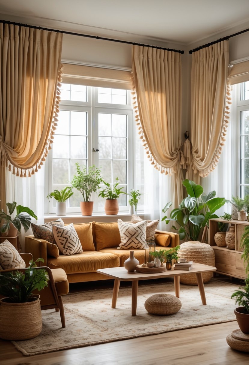 A bright living room with large windows covered by tassel curtains, a sofa with cushions, a coffee table, plants, and wooden floors.