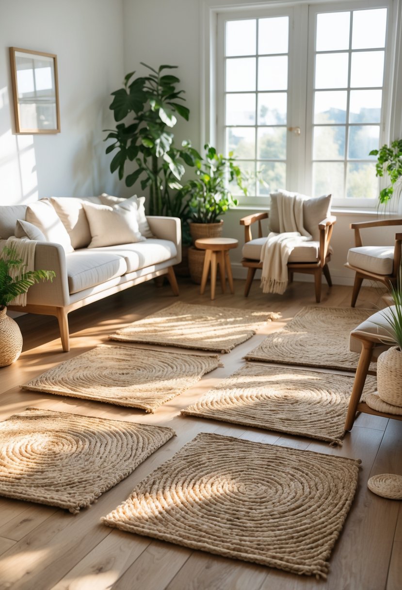 Living room with wooden floor and multiple woven jute floor mats arranged near seating and plants.