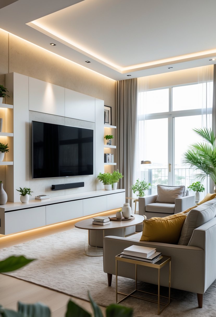Living room with a large flat-screen TV mounted on a wall unit, surrounded by seating and decorative elements.