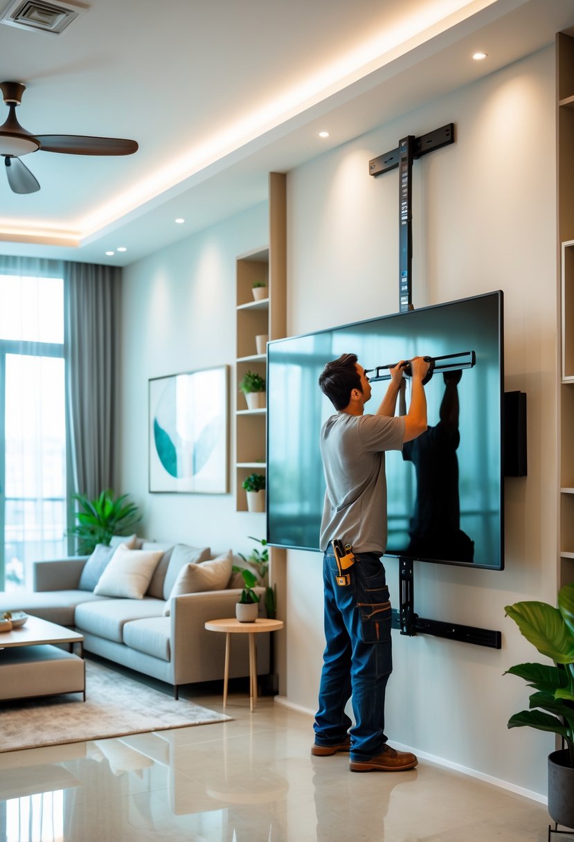 A person mounting a large flat-screen TV on a living room wall using a low-profile bracket.