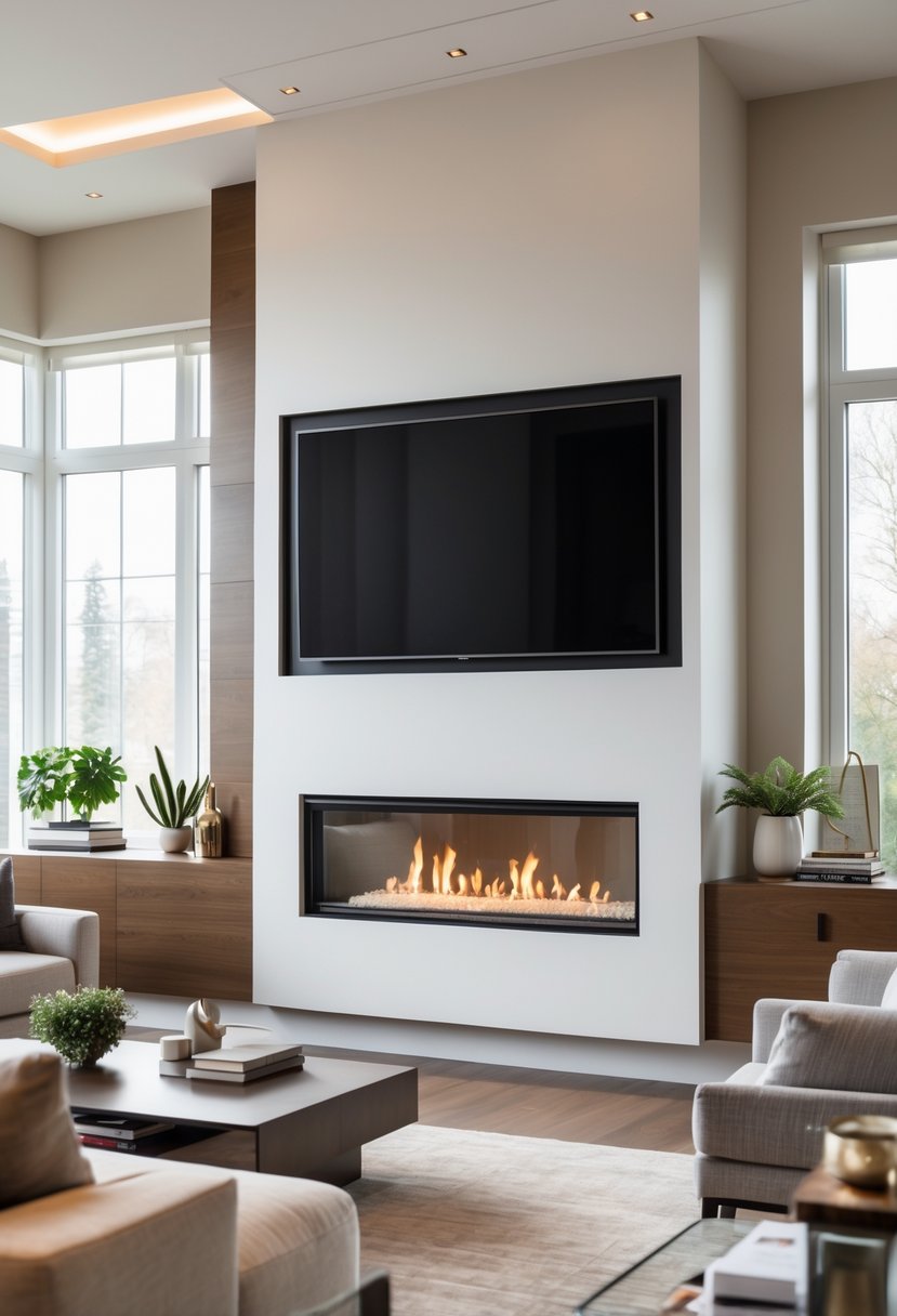 Living room with a TV mounted above a built-in fireplace and modern furniture.