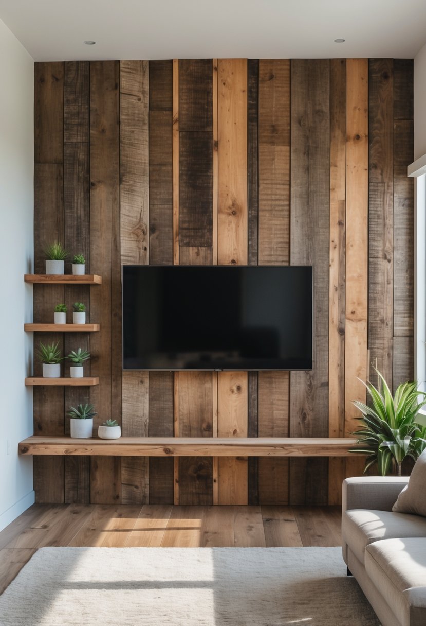 Living room with a TV mounted on a wall covered in reclaimed wood paneling, a sofa facing the TV, and natural light coming through a window.