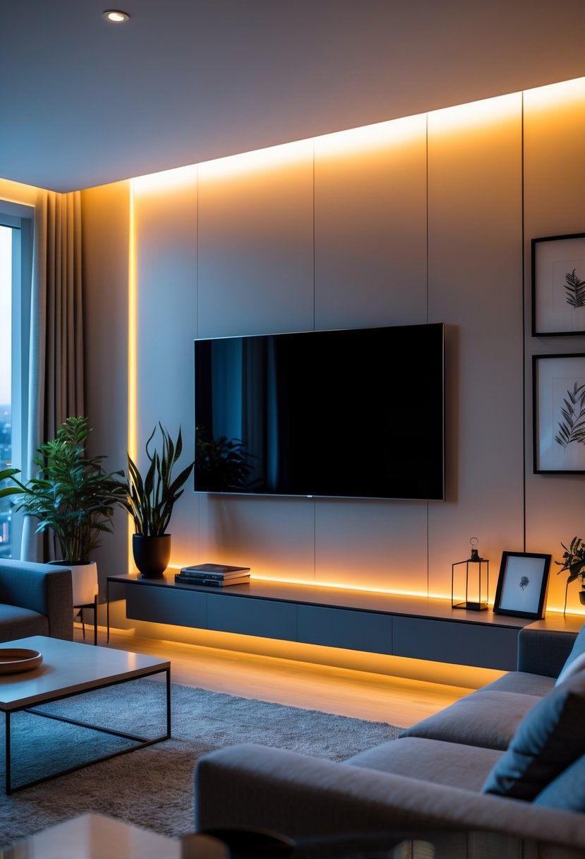 A living room with a TV mounted on the wall and LED ambient lighting glowing behind it, surrounded by a sofa, coffee table, and decorative elements.