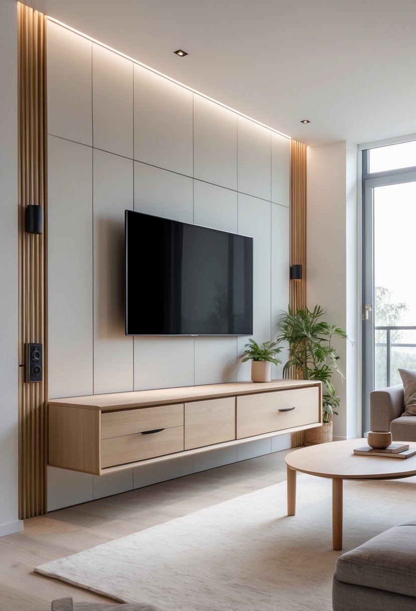 Living room with a TV mounted above a wooden media cabinet that hides cables, featuring a sofa and plants.