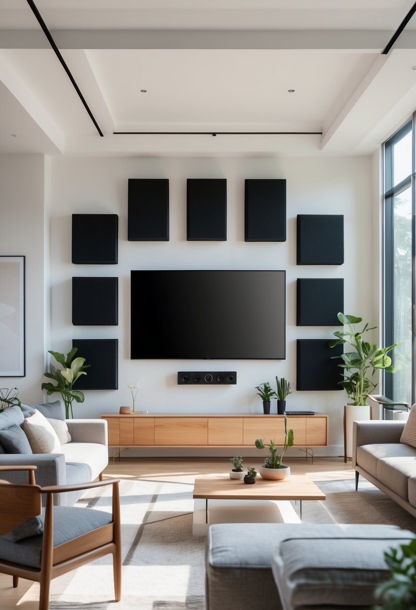 A living room with a TV mounted on the wall surrounded by acoustic panels and modern furniture.