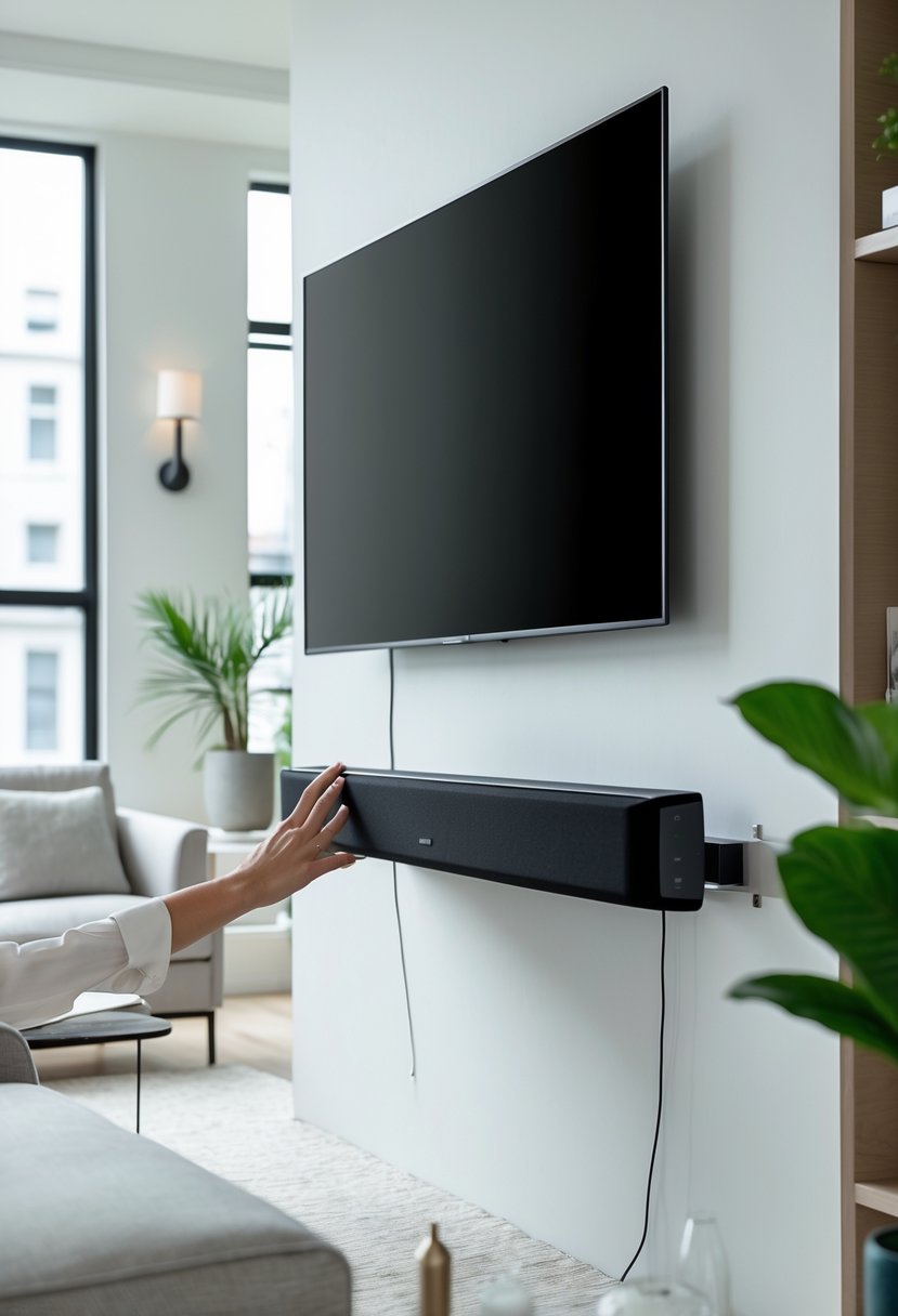 Living room with a wall-mounted TV and a person installing a soundbar using a discreet mount below it.
