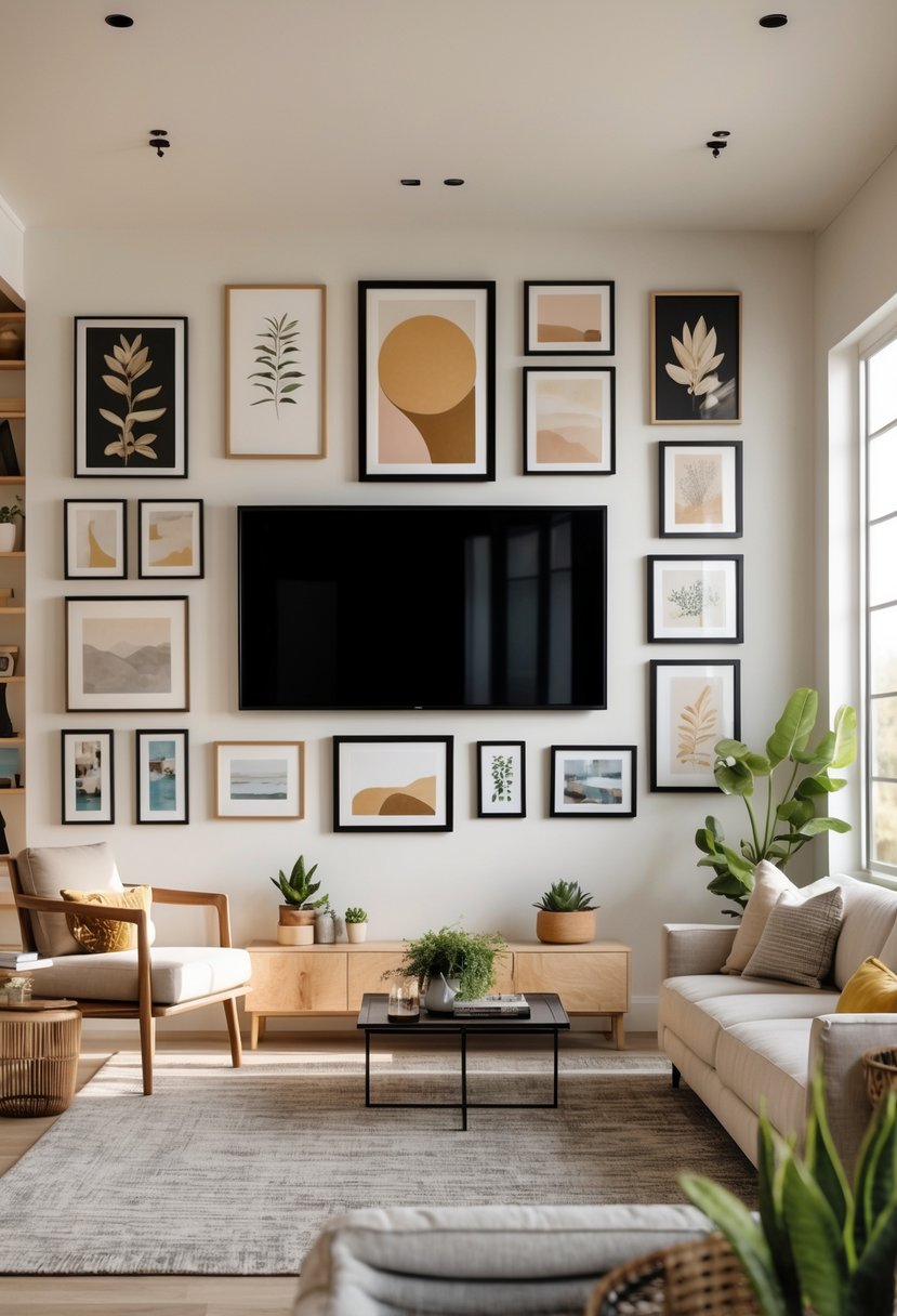 Living room with a TV mounted on the wall surrounded by framed pictures and artwork, with a sofa and coffee table in front.