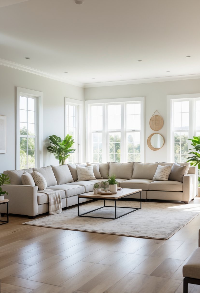 A spacious living room with a large sectional sofa, coffee table, plants, and natural light coming through big windows.