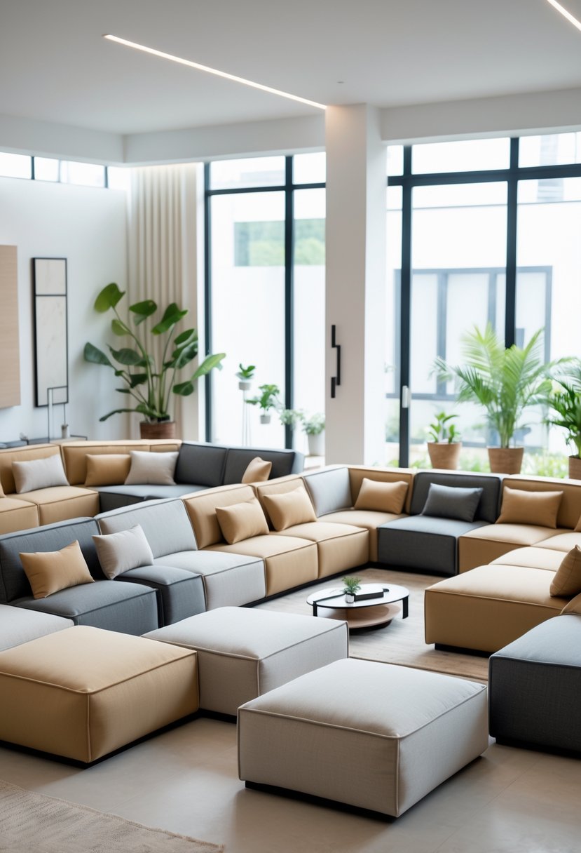 A bright living room with several modular sofas arranged in different seating layouts, surrounded by plants, a coffee table, and soft rugs.