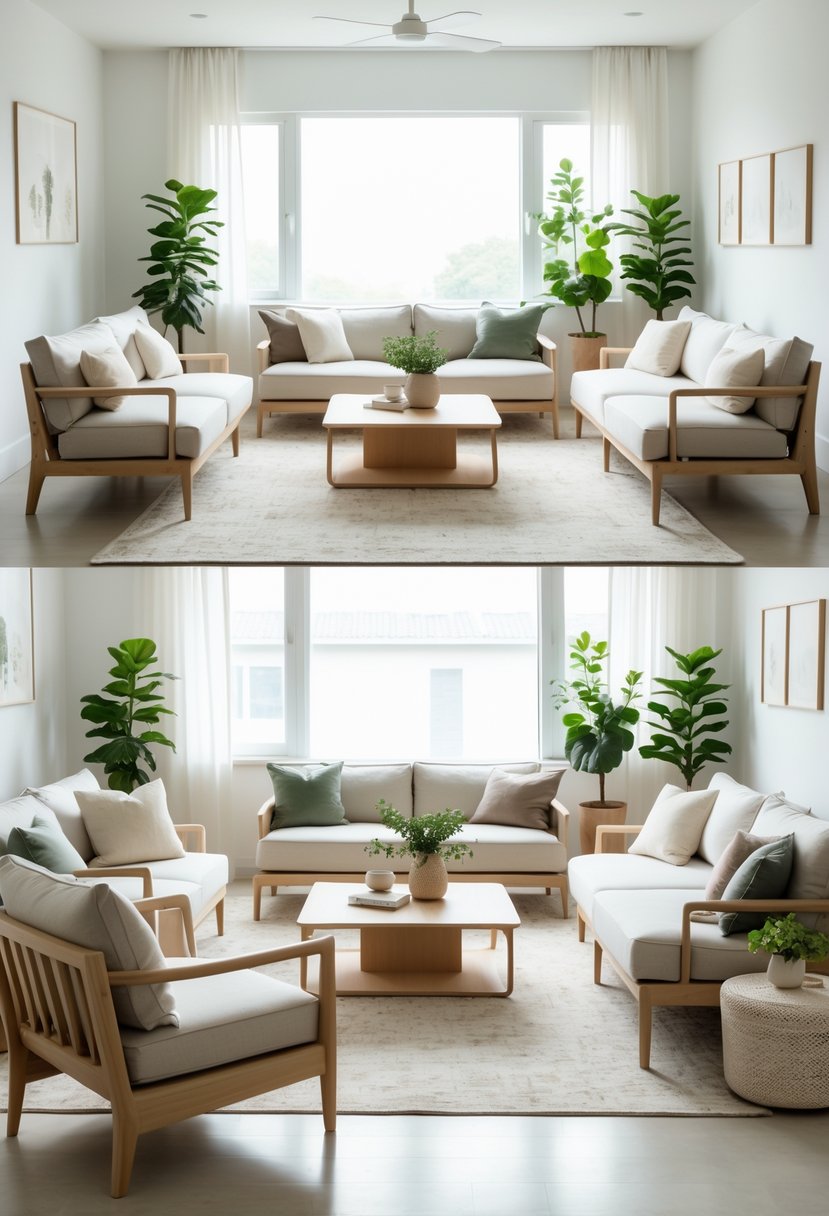 A bright living room with multiple sofas, light wood furniture, soft cushions, plants, and natural light coming through large windows.