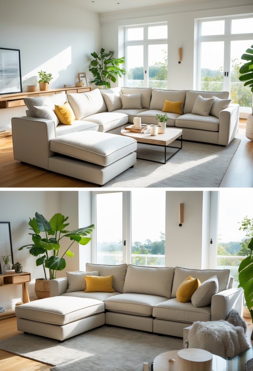 A living room with several reversible sofas arranged in different seating configurations, featuring cushions, a coffee table, plants, and natural light coming through large windows.