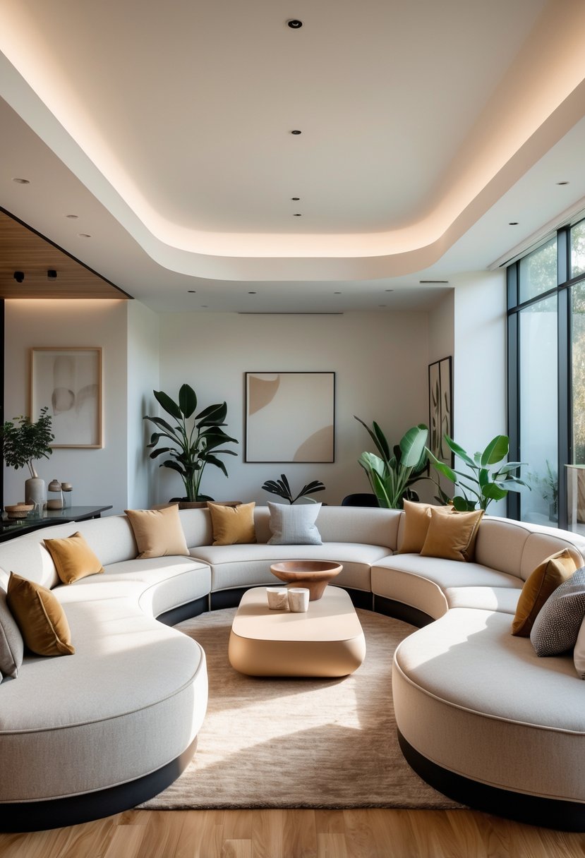 A living room with curved sofas arranged around a coffee table, creating a cozy seating area with natural light and plants.