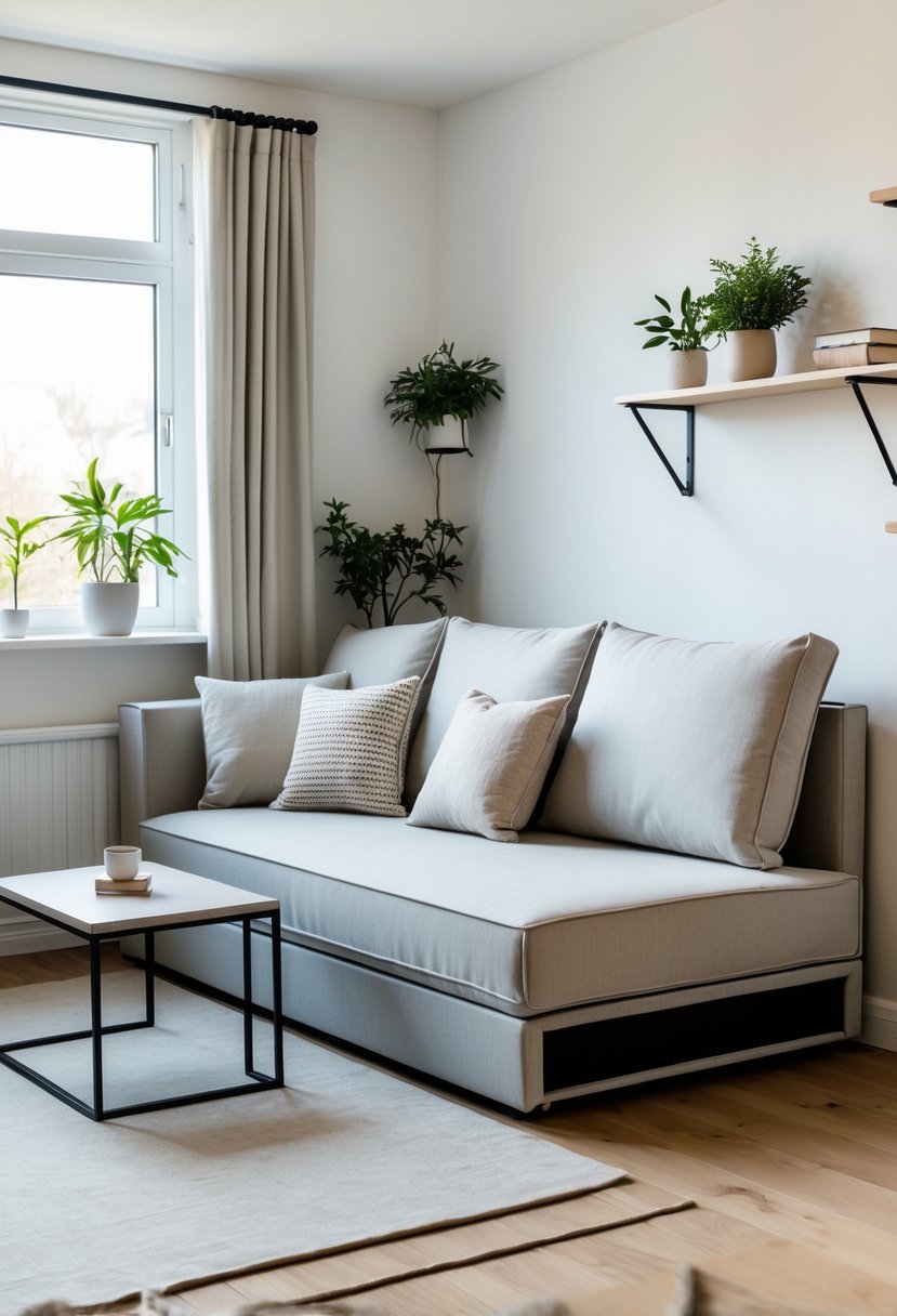 A small living room with a sofa bed, coffee table, and shelves with plants and books.