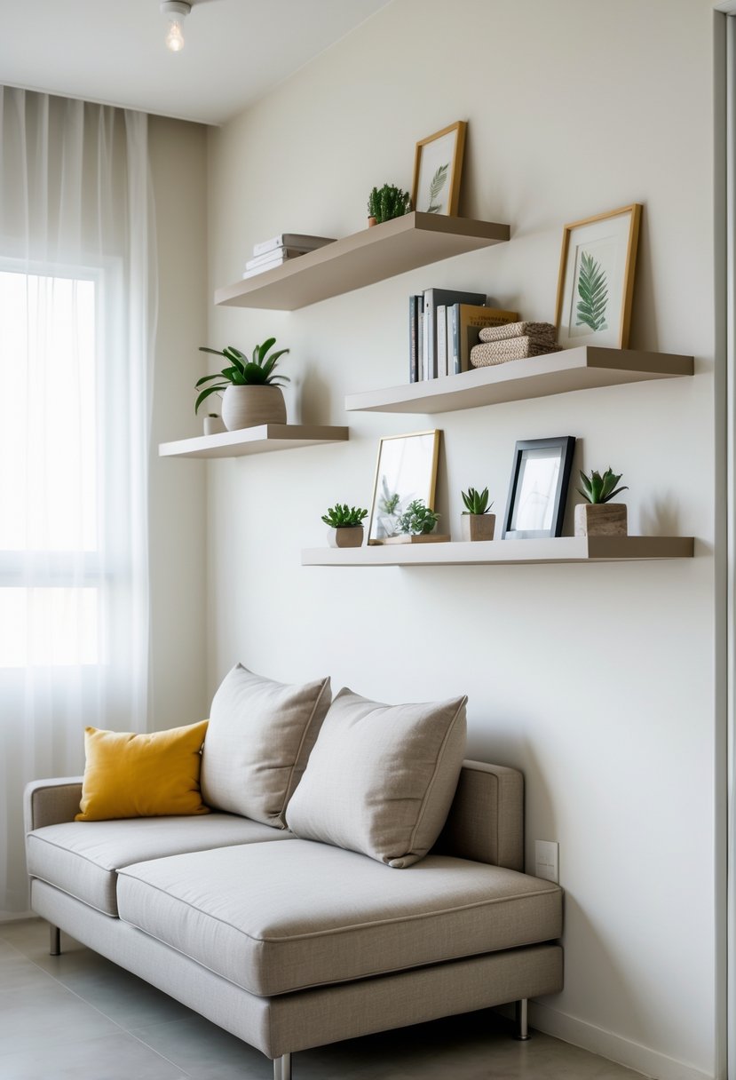 Small living room with wall-mounted shelves above a sofa, decorated with plants and books, showing a clear floor and natural light.