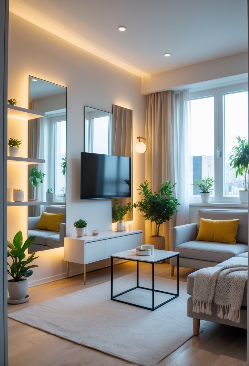 A small living room with mirrors on the walls creating an illusion of depth, featuring a sofa, coffee table, shelving unit, and natural light.