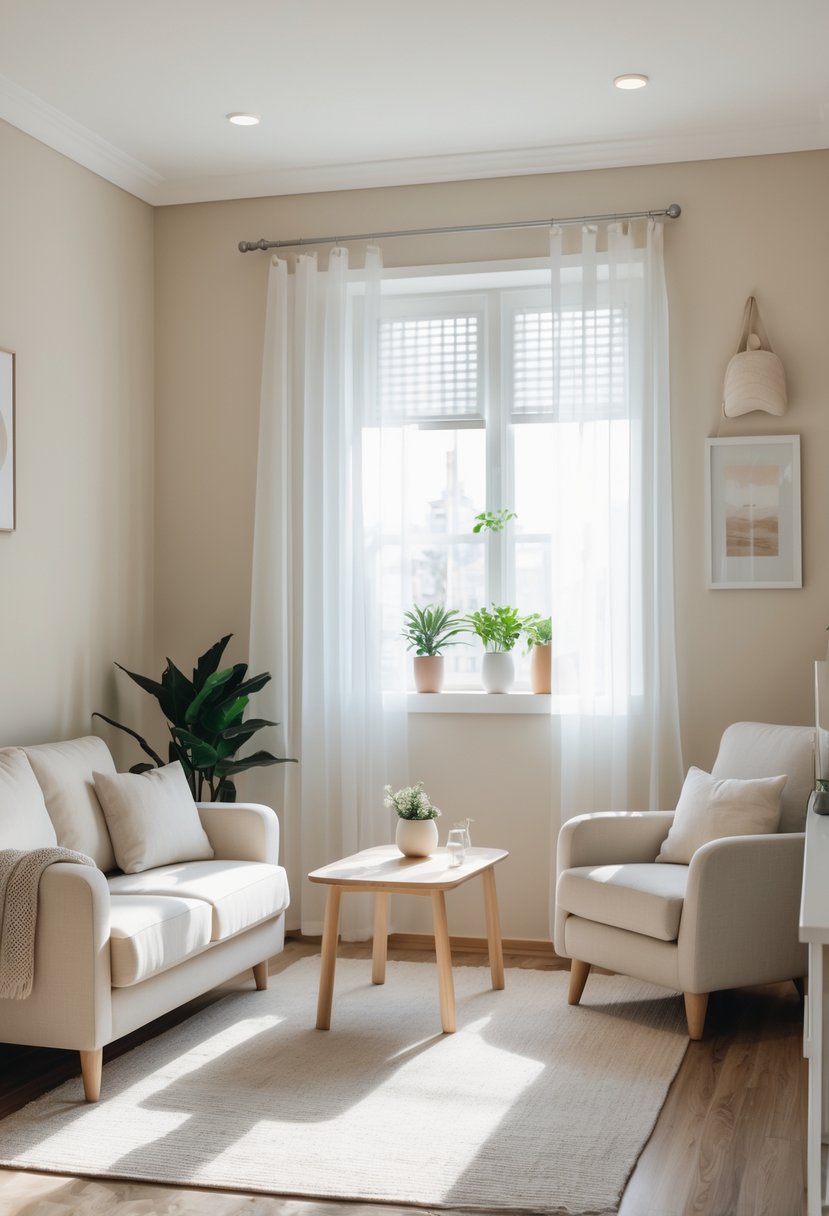 A small living room with light-colored walls and furniture, natural light coming through a window, and simple decor including a coffee table and plants.