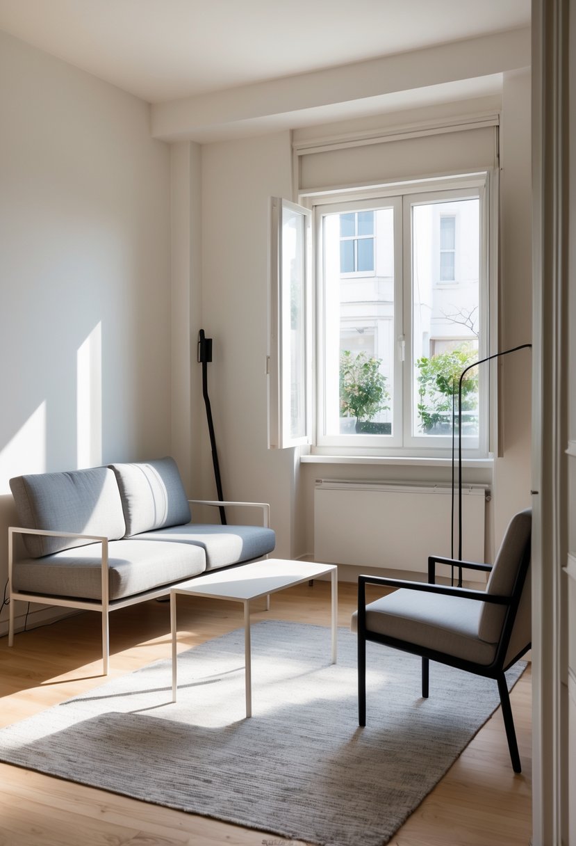 A small living room with slim furniture that creates an open floor space.