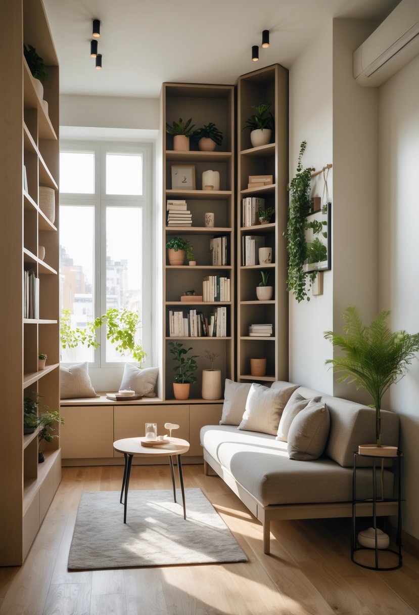 Small living room with vertical shelving units filled with books and plants, a sofa, and a coffee table.