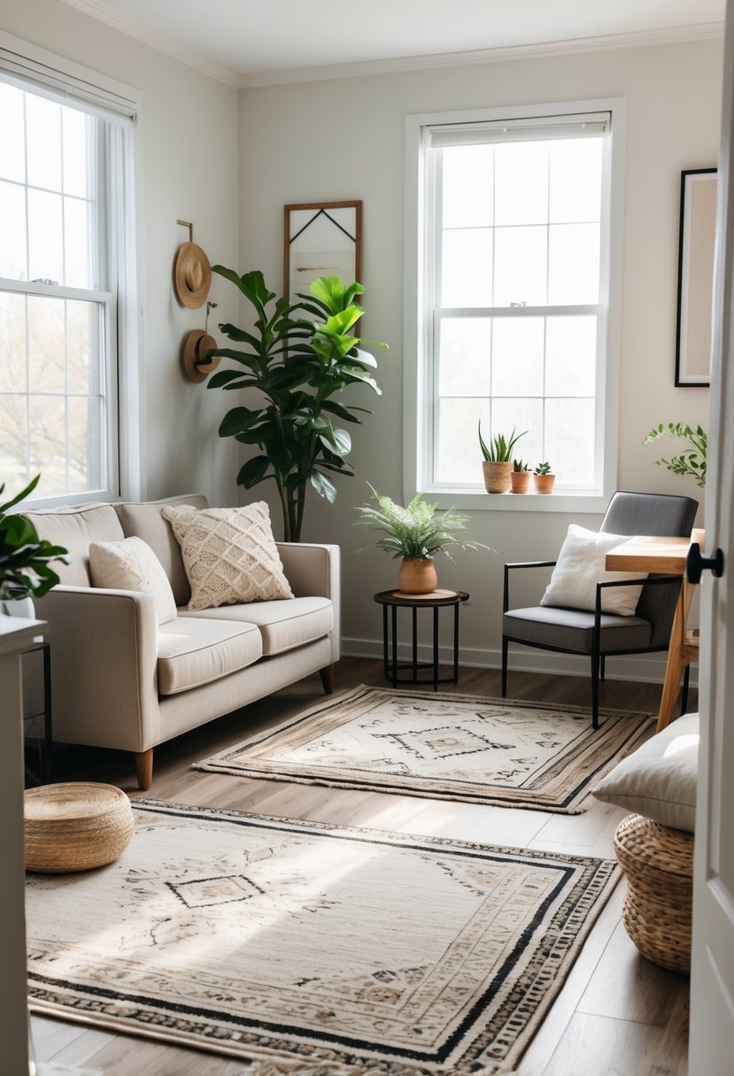 A small living room with rugs defining separate seating and workspace areas, featuring a sofa, coffee table, armchair, and natural light.