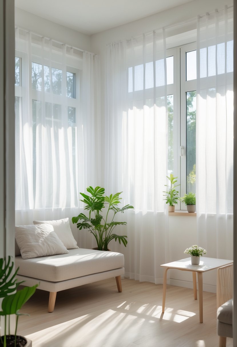 A small living room filled with natural light coming through sheer white curtains on large windows, featuring a sofa, coffee table, and plants.