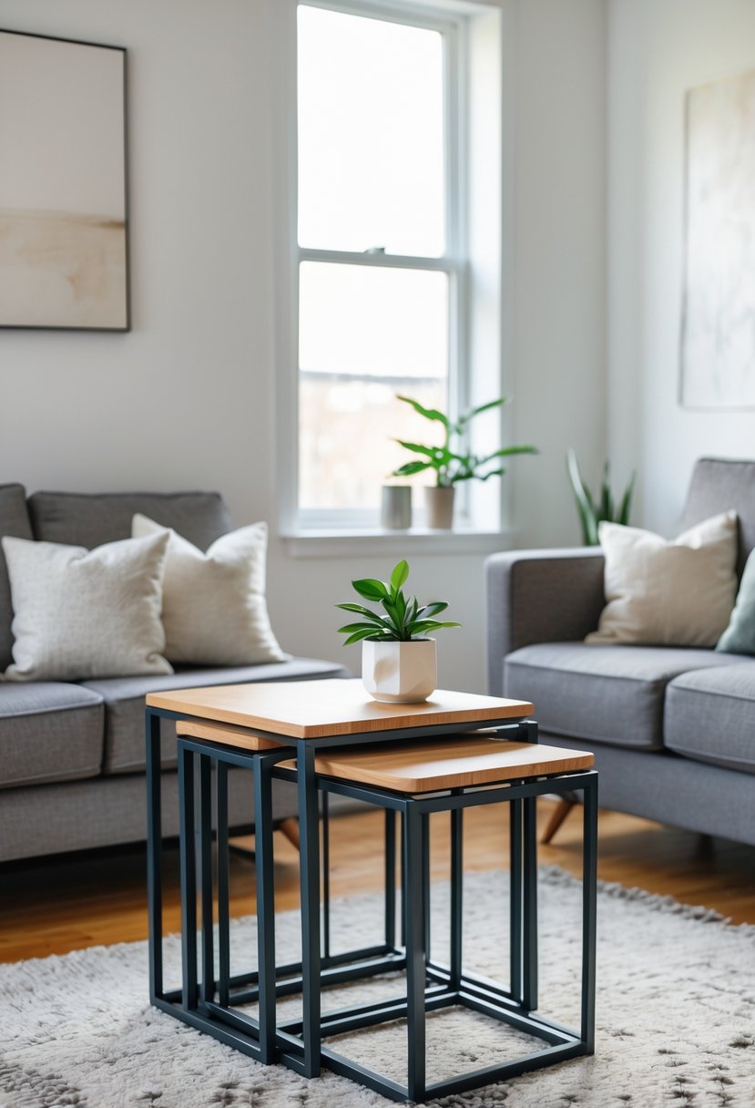 A small living room with nested tables placed near a sofa, a plant on the table, and a rug on the floor.