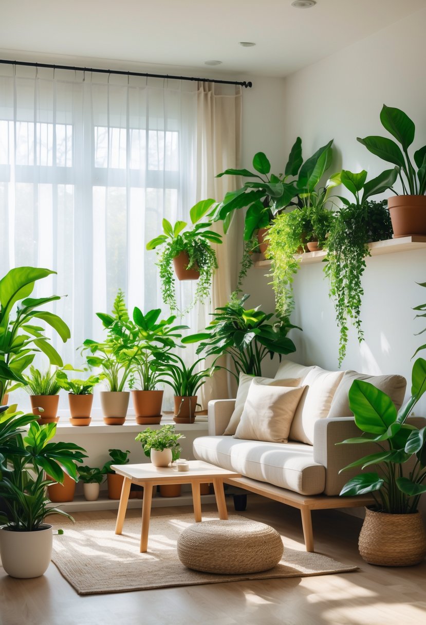 A small living room with a sofa, coffee table, and several green plants placed around the room near windows letting in sunlight.