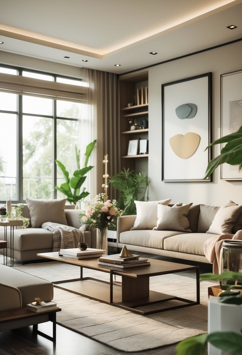 A bright and spacious living room with a sofa, coffee table, indoor plants, and decorative items.