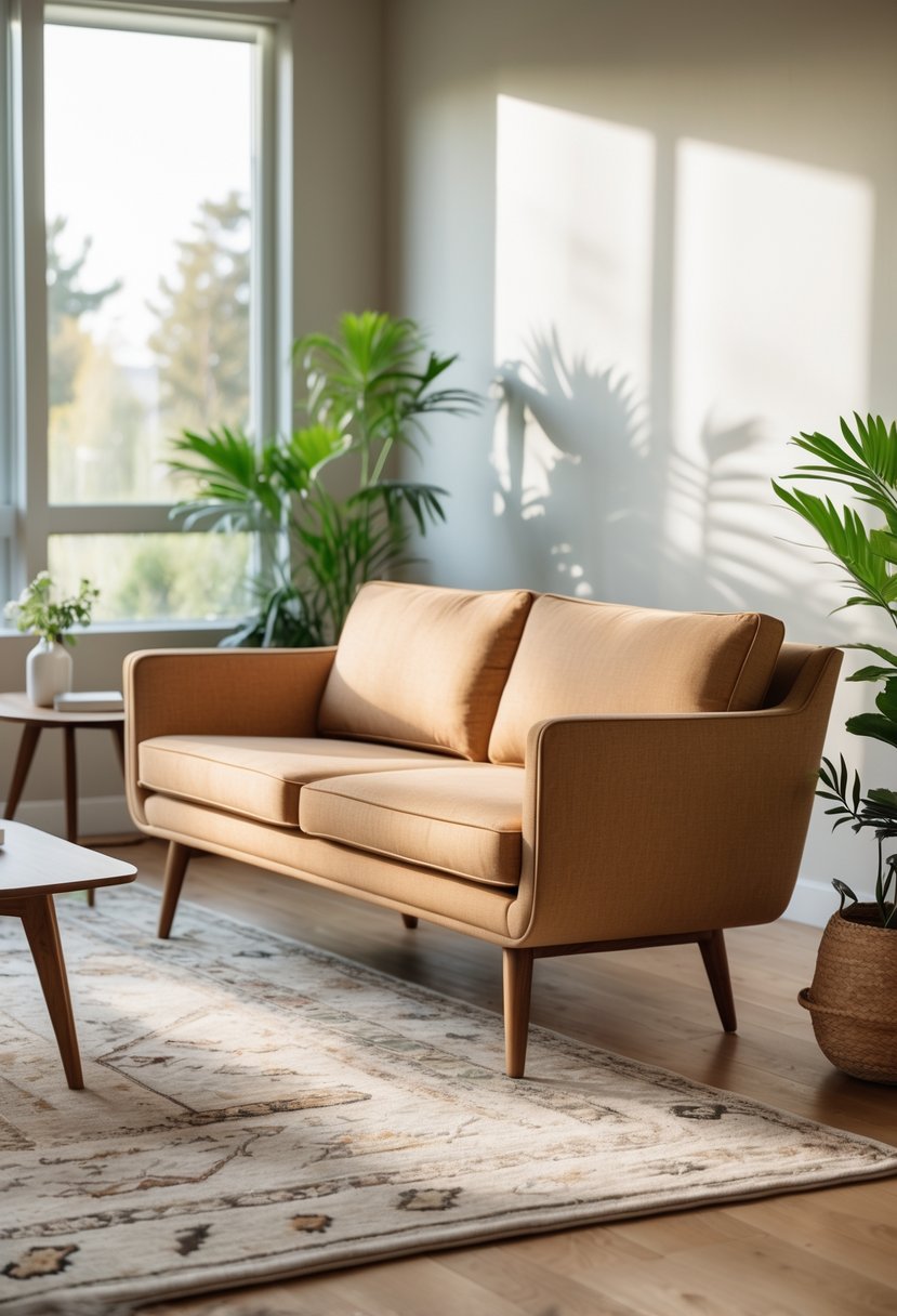 A living room with a sofa, coffee table, area rug, plants, and natural light coming through large windows.