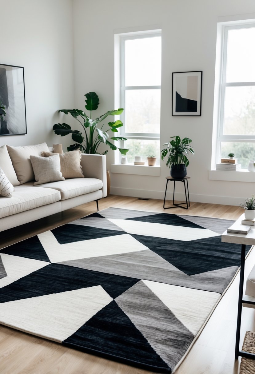 A bright living room with a geometric patterned rug, sofa, coffee table, and plants.