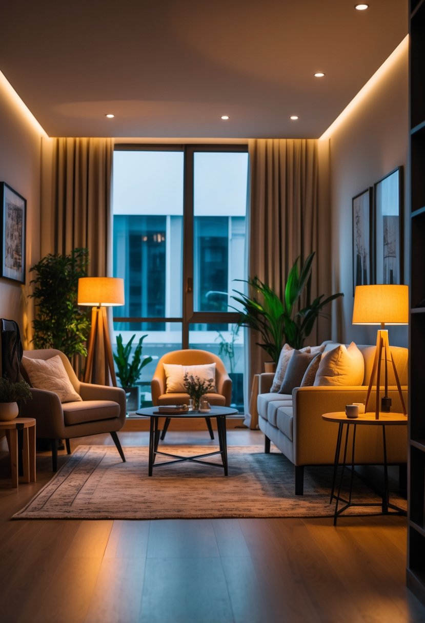 A living room with a sofa, armchairs, coffee table, floor lamp, and table lamp providing layered lighting.