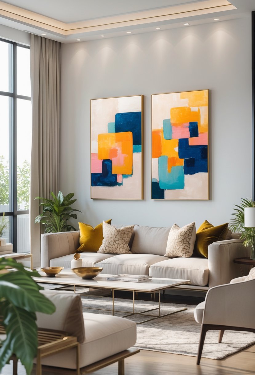 A bright living room with a sofa, coffee table, plants, and colorful abstract paintings on the wall.