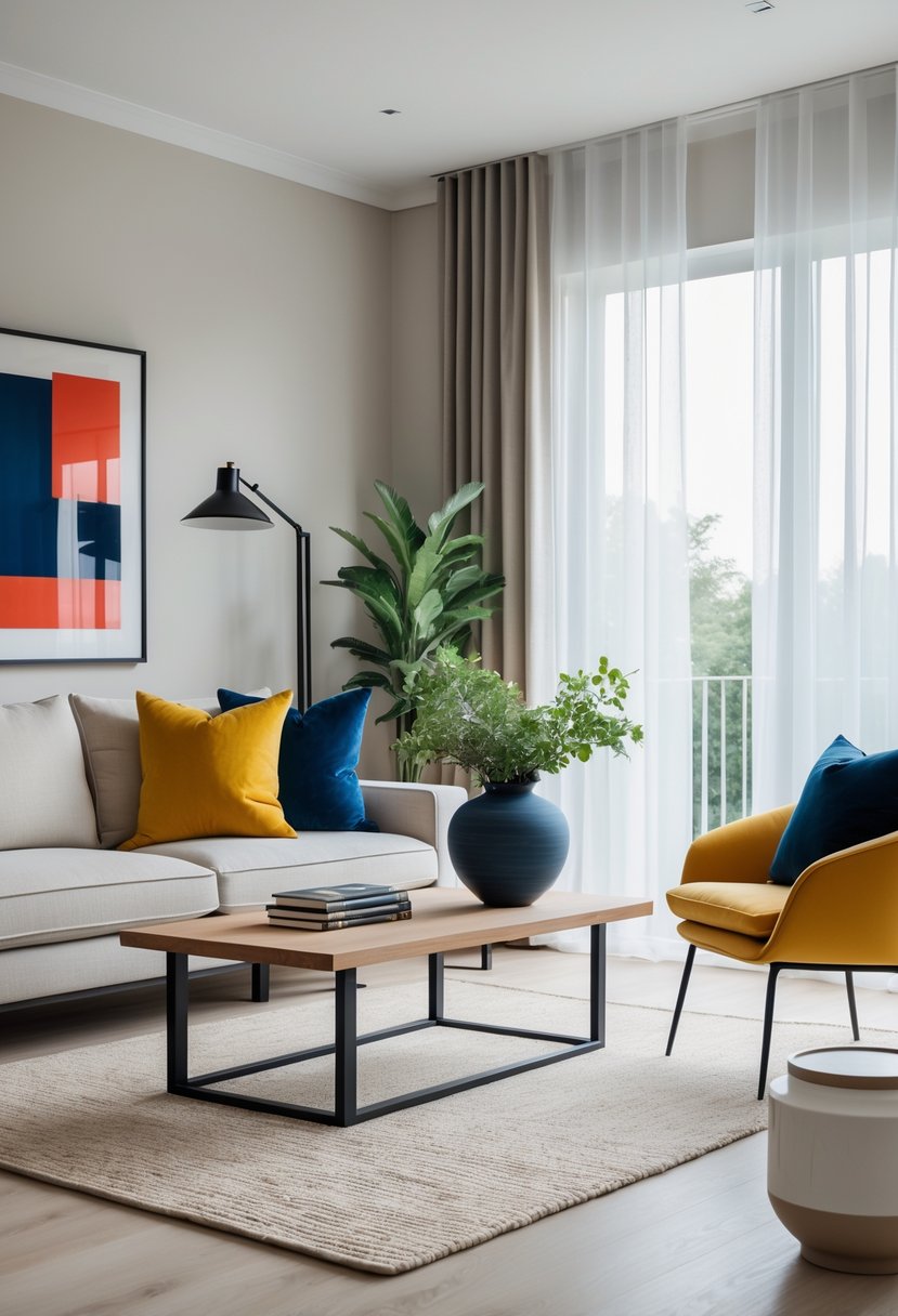 A living room with a beige sofa, colorful throw pillows, a wooden coffee table with a vase of greenery, large windows with sheer curtains, and a floor lamp.