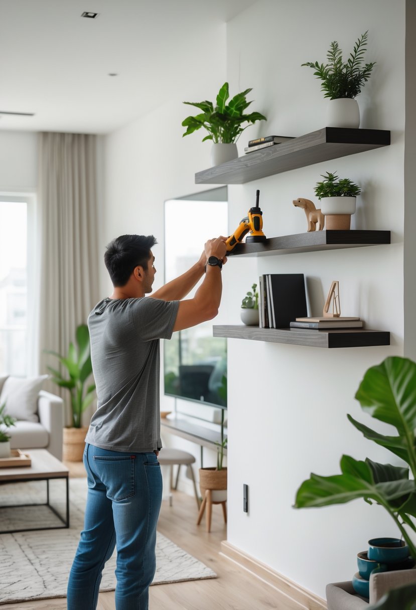 Person installing floating shelves on a living room wall with furniture and decor around.