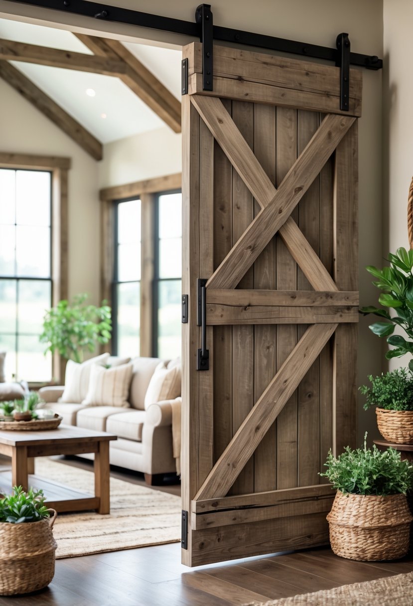 Living room with a rustic barn door, sofa, coffee table, and plants in a bright, cozy setting.