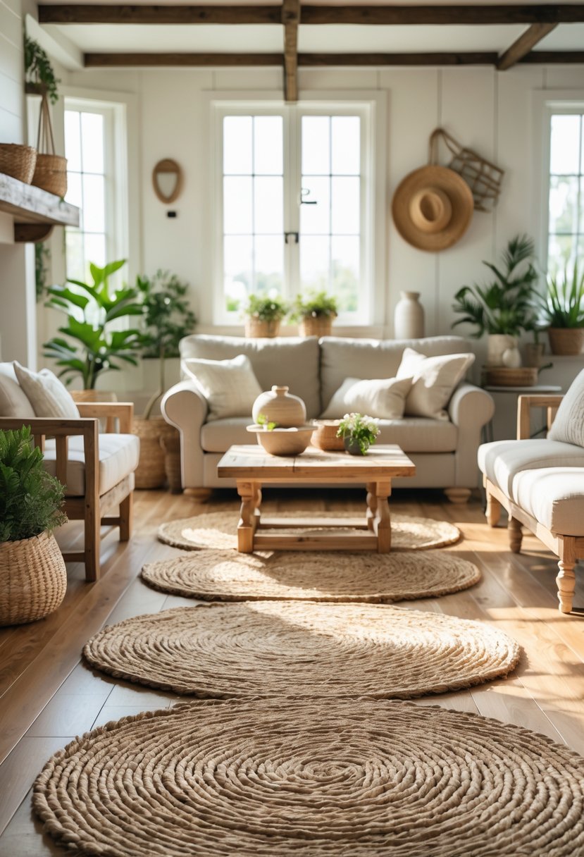 A bright living room with wooden furniture, seven woven jute rugs on the floor, and green plants by the window.