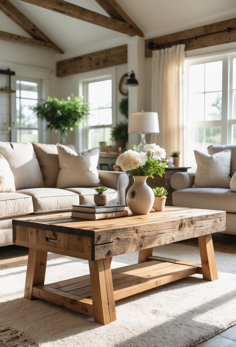 A reclaimed wood coffee table in a living room with a sofa, armchairs, and natural light coming through windows.