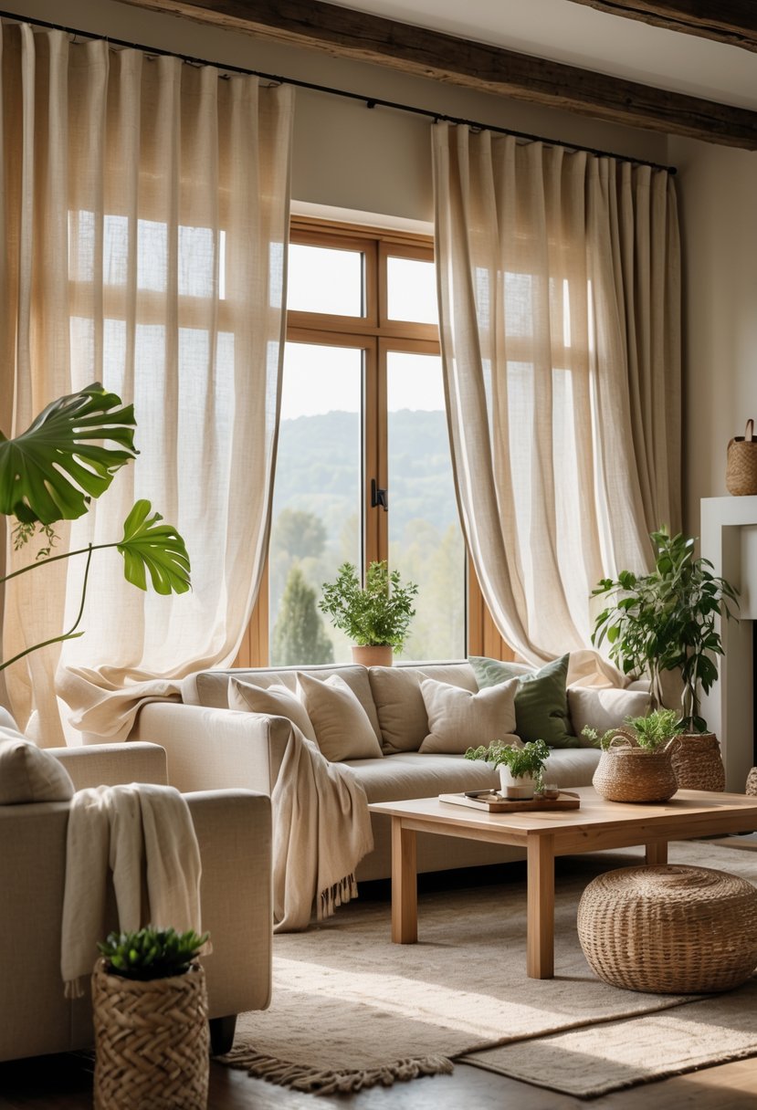 A living room with neutral linen curtains hanging over large windows, a sofa, coffee table, and plants creating a warm and inviting space.