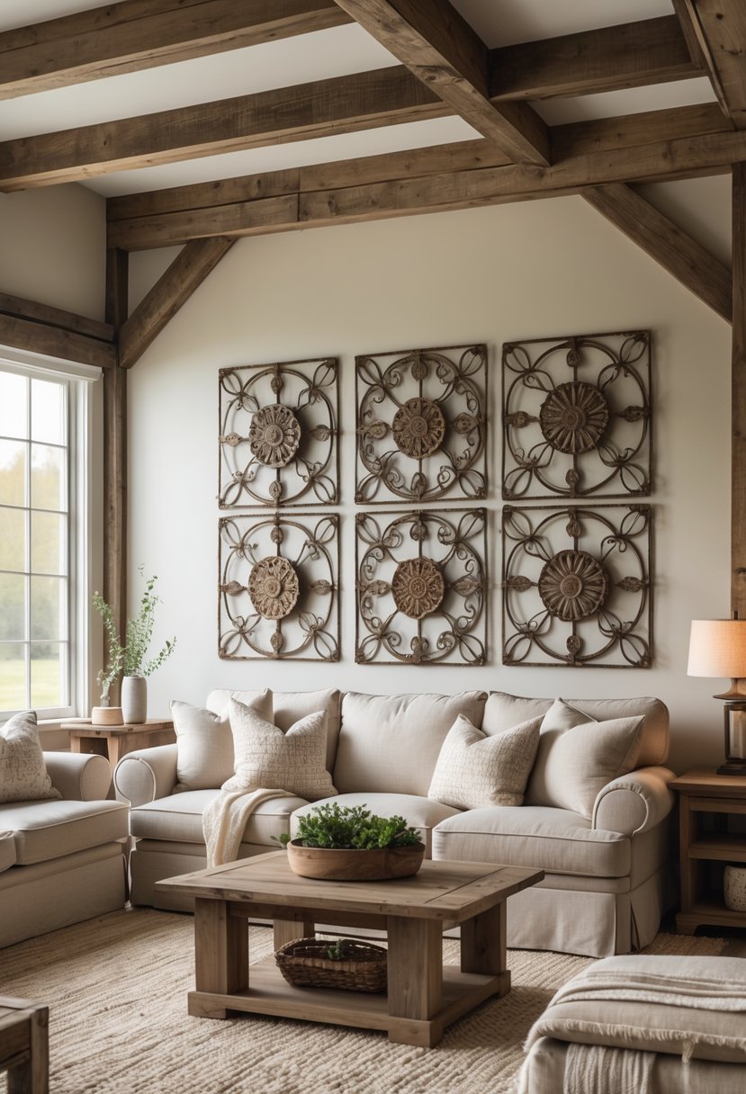 A cozy living room with a sofa, wooden coffee table, and vintage metal wall art hanging above the sofa.