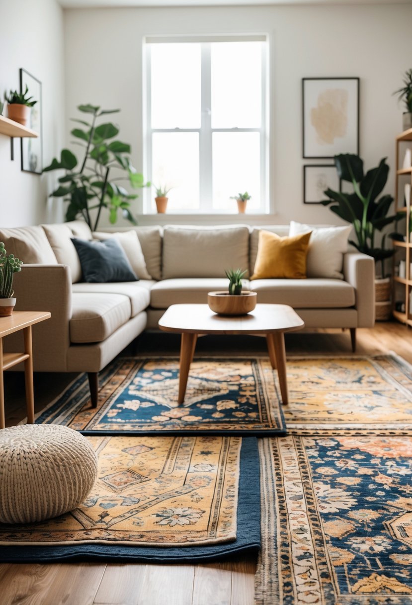 Living room with a sofa, coffee table, and layered area rugs on a hardwood floor.