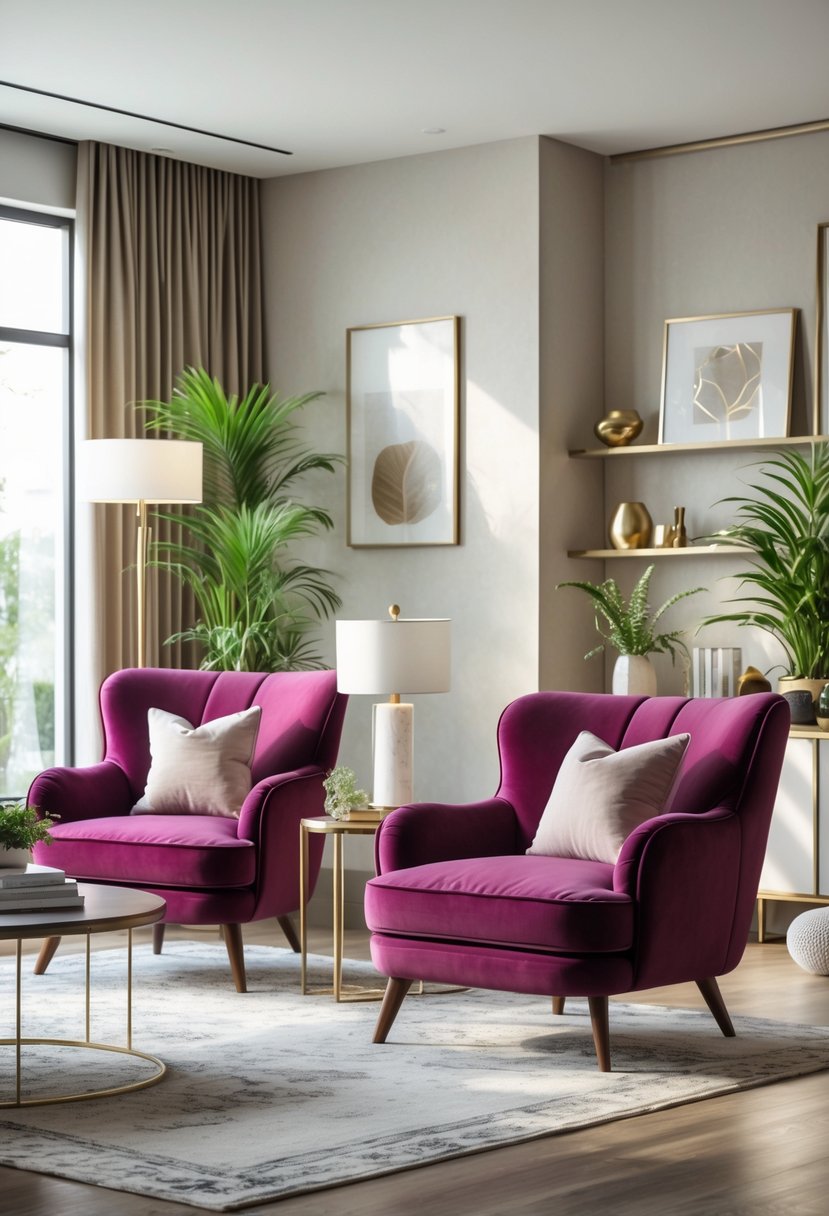 A living room with two velvet accent chairs, a coffee table, indoor plants, and natural light coming through large windows.