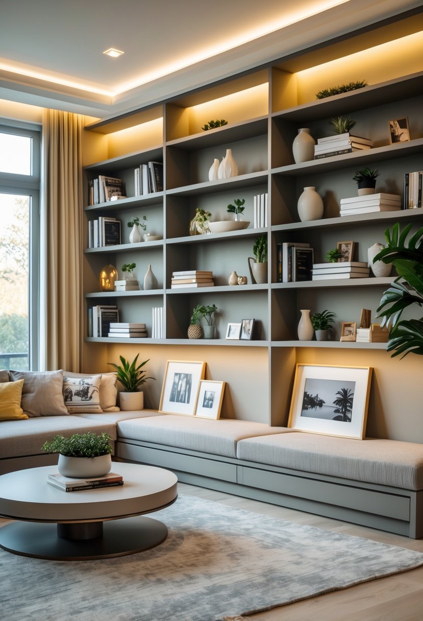 A living room with built-in shelves filled with books, plants, and decorative items, next to a sofa and large windows letting in natural light.