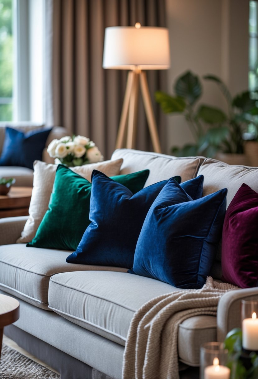 A living room sofa with several colorful velvet throw pillows arranged neatly, surrounded by a coffee table with flowers and soft lighting.