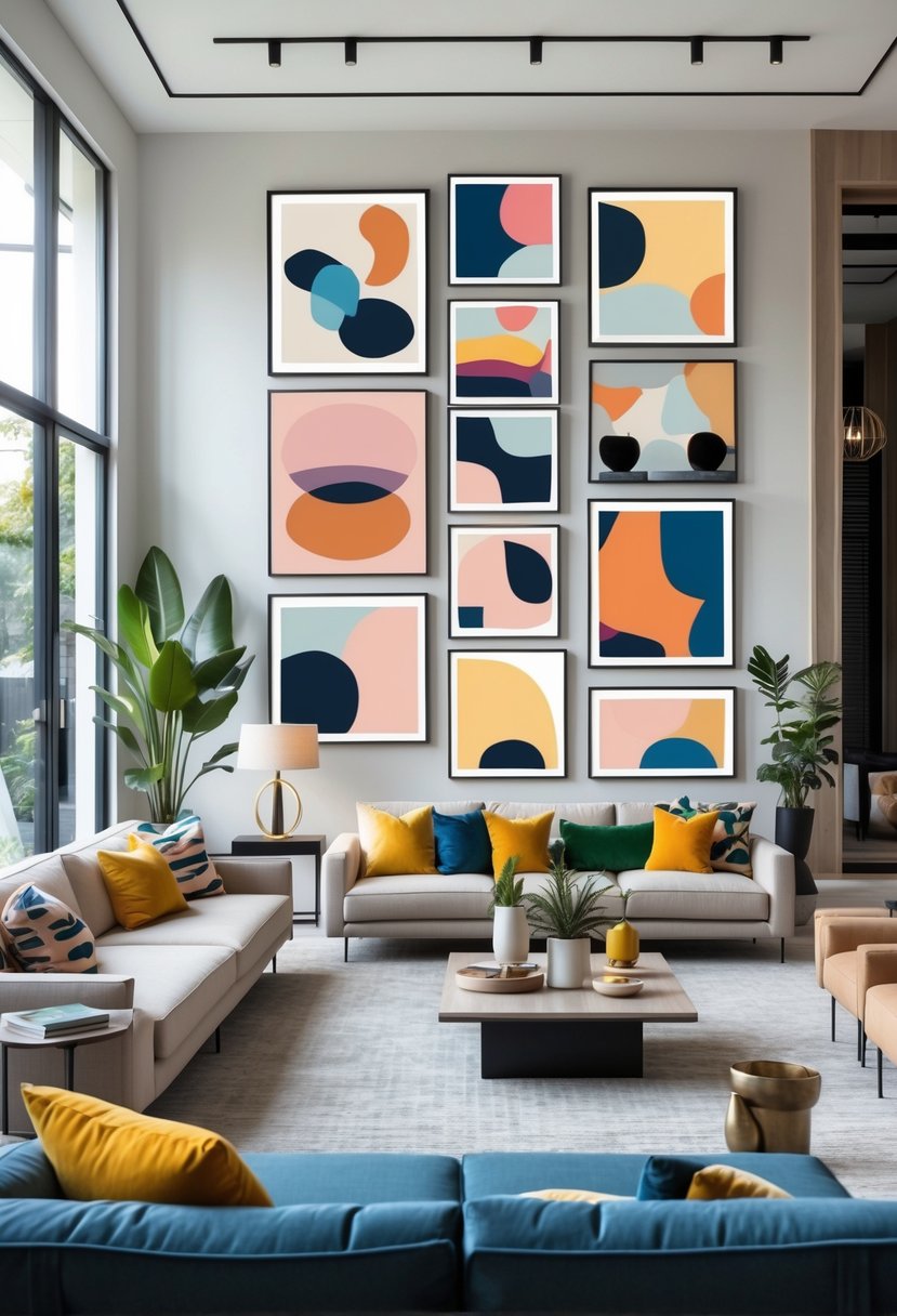 A modern living room with a sofa, coffee table, indoor plants, and multiple colorful abstract art prints displayed on the walls.