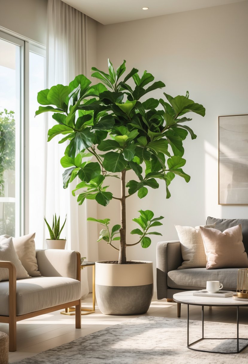 Living room with a large fiddle leaf fig tree near a sofa, natural light coming through windows, and tasteful decor items around.