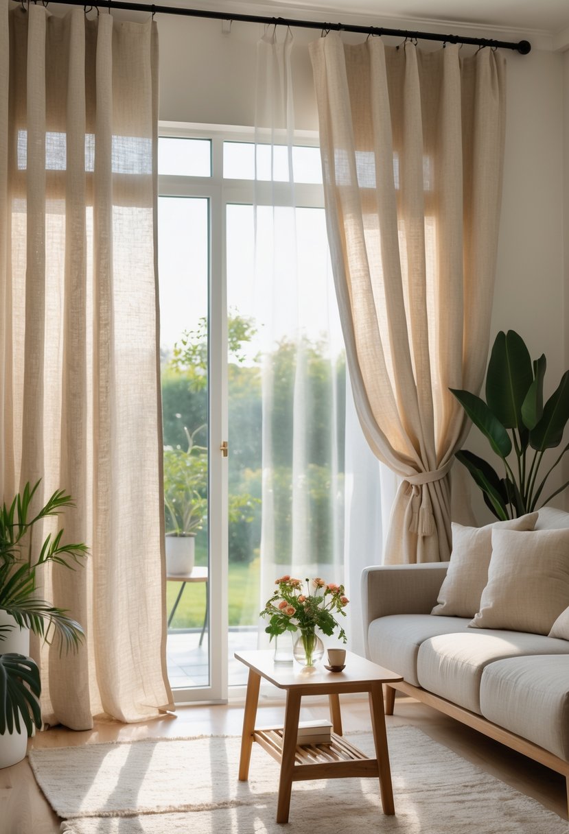 Living room with textured linen curtains by a large window, a sofa, coffee table, and indoor plants.