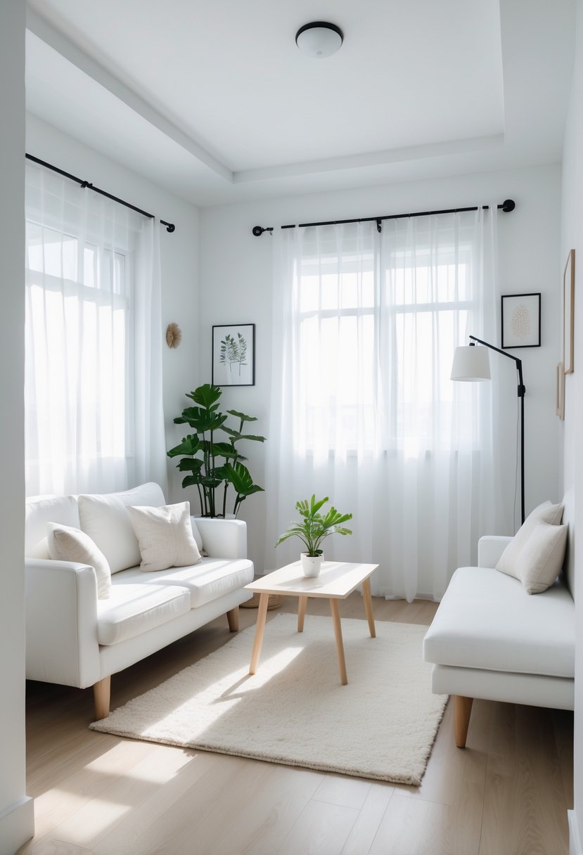 A small white living room with a white sofa, coffee table, green plant, and natural light coming through windows.